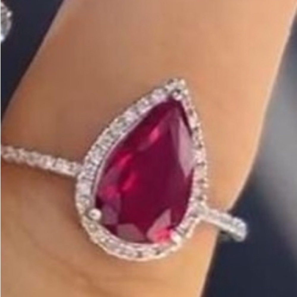 Pasha Pear Shape Ruby Colour Halo Ring Size 7